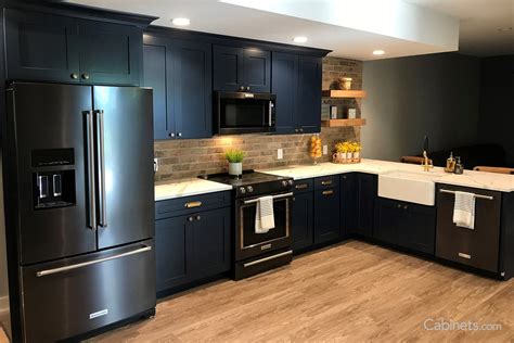 admiral kitchens stainless steel cabinets|blue cabinets with dark floors.